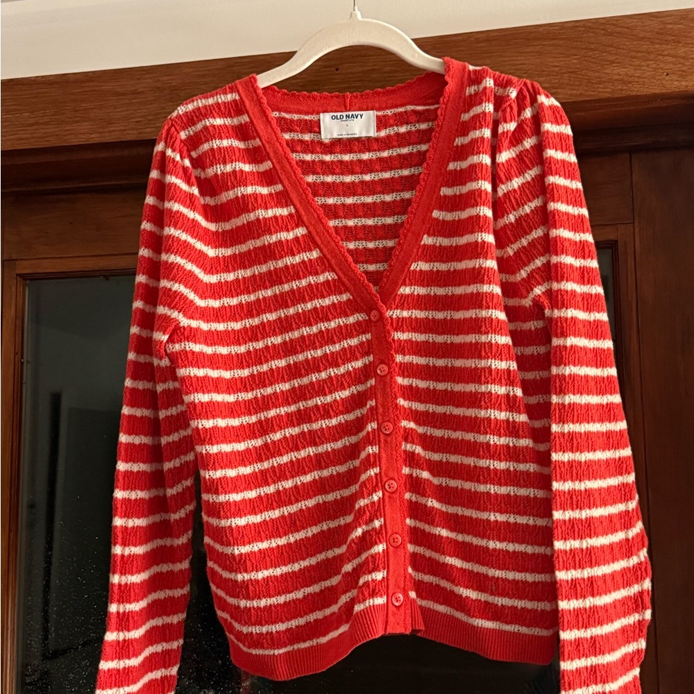 Old Navy Vibrant Red and White Striped Cardigan